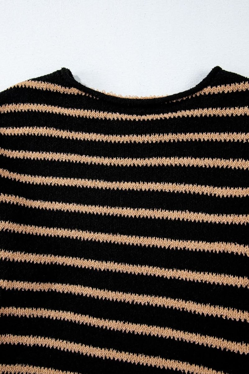 Trendy Black Striped Oversized Round Neck Sweater - Love Salve